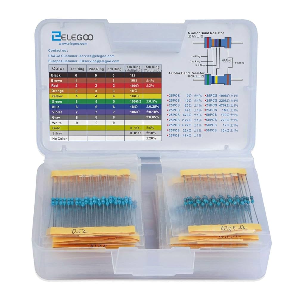 Set of resistors E24 series 5% (from 1 to 10M), in addition to the values in Mega: 20, 22, 30, 3, 40, 47, 50, 100, 200, 300, 500.